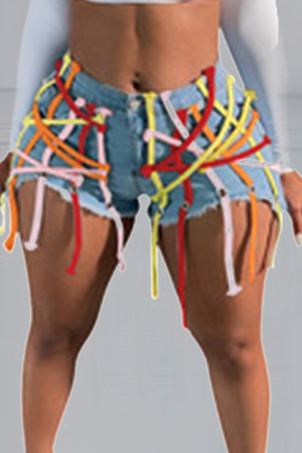 Pantalones cortos de mezclilla flacos de cintura media con cordón de cordón casual multicolor