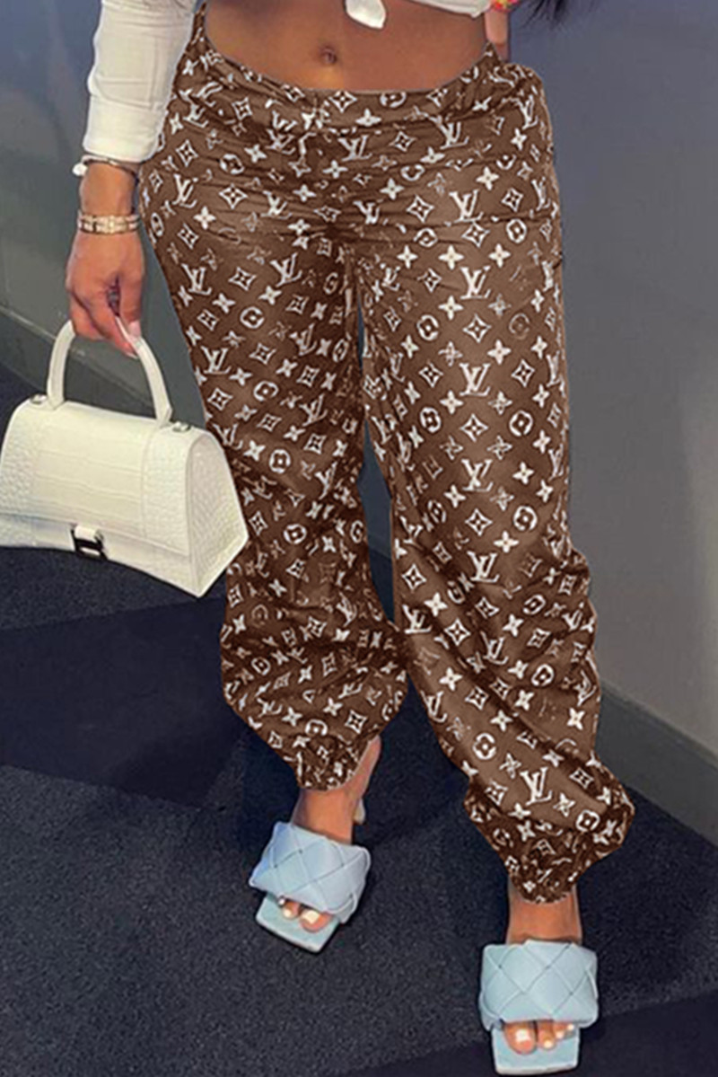 

Brown Fashion Casual Print Basic Regular High Waist Trousers