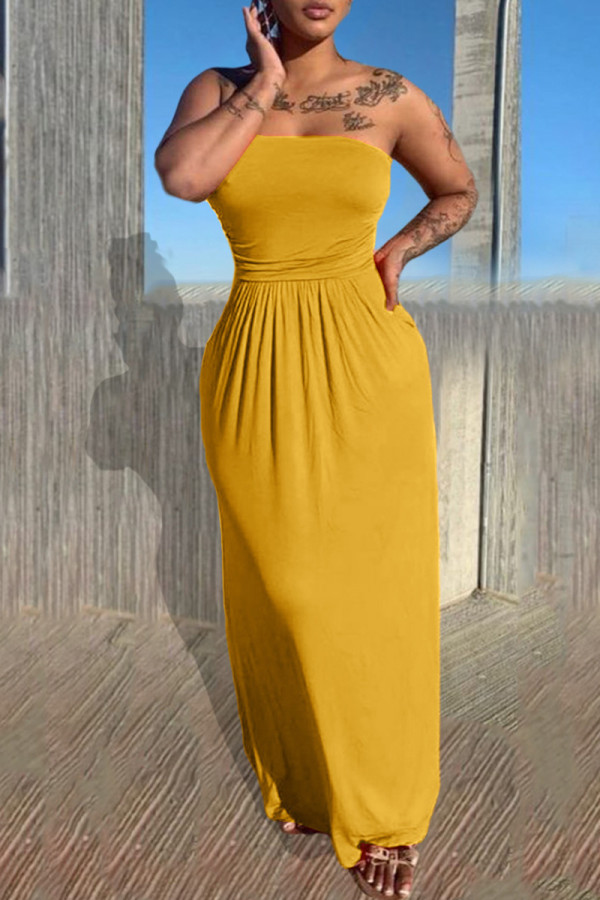 Gele sexy casual effen rugloze strapless mouwloze jurk