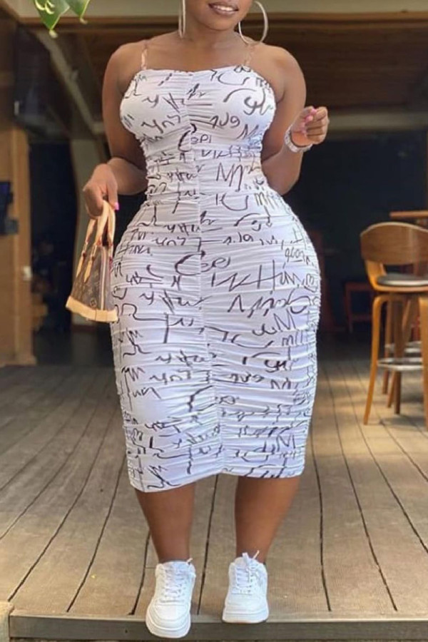 Vit Mode Sexig Plus Size Print Backless Vik Spaghetti Strap Ärmlös klänning
