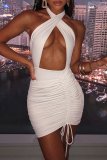 White Sexy Solid Patchwork Draw String Halter Pencil Skirt Dresses