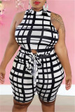 Geel Casual Plaid Print Bandage O Neck Plus Size Two Pieces