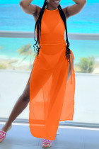Orange Fashion Sexy Solid See-Through Slit Swimwears Dreiteiliges Set