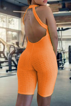 Оранжевый сексуальный спортивный однотонный комбинезон с открытой спиной и круглым вырезом