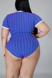 Blue Sexy Print Patchwork O Neck Plus Size Two Pieces