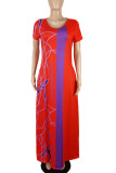 赤 カジュアル プリント パッチワーク Oネック ストレート プラスサイズ ドレス
