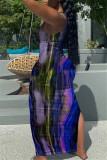 ディープブルーファッションセクシープリントタイダイスリットUネックベストドレス