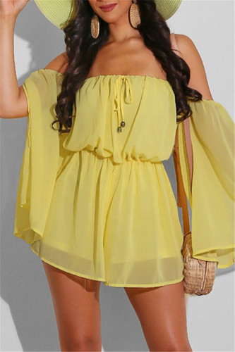 Yellow Fashion Casual Solid Backless Off the Shoulder Regular Romper