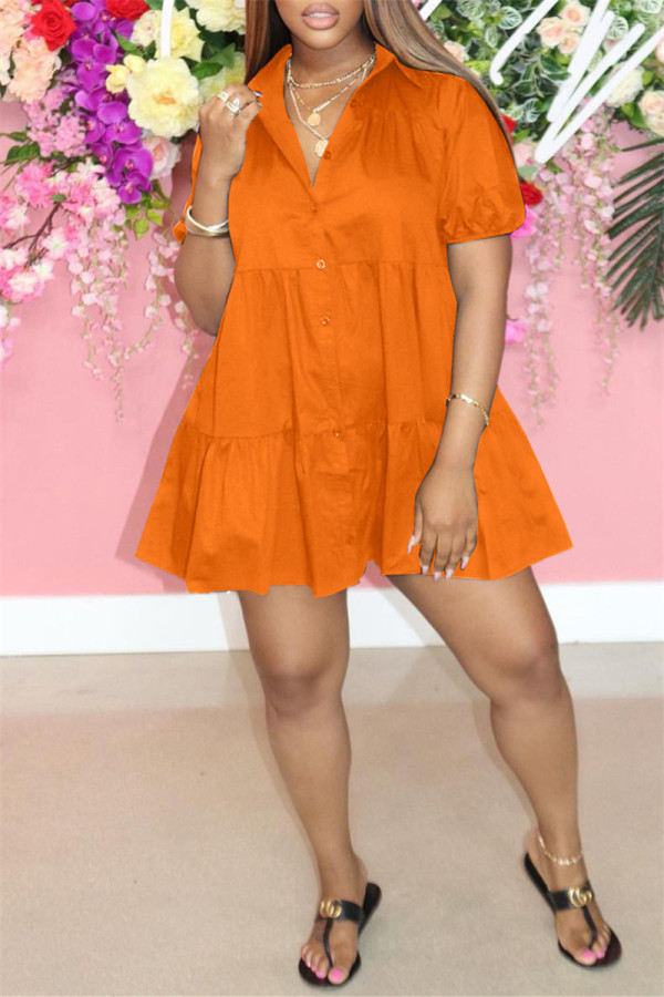 Оранжевое модное повседневное однотонное базовое платье с отложным воротником и короткими рукавами