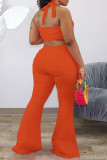 オレンジ色のファッションセクシーな大人の奥様ソリッドツーピーススーツルーズノースリーブツーピース