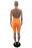 Оранжевый сексуальный спортивный однотонный комбинезон с открытой спиной и круглым вырезом