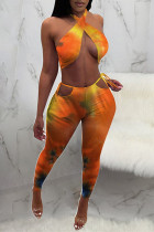 Oranje Mode Sexy Print Backless Band Ontwerp Halter Mouwloos Twee Stukken