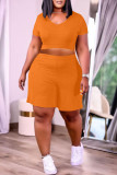 Orange Fashion Casual Solid Basic V-Ausschnitt Kurzarm Zweiteiler