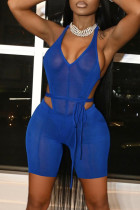 Blue Sexy Solid Bandage See-through Backless Halter Sleeveless Two Pieces
