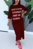Wine Red Fashion Letter Print Versatile Round Neck Sleeves Dress