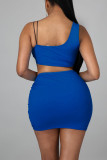 Blue Sexy Solid Patchwork Draw String Asymmetrical One Shoulder Two Pieces