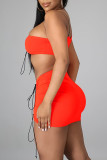 Tangerine Red Sexy Solid Patchwork Draw String Asymmetrical One Shoulder Two Pieces