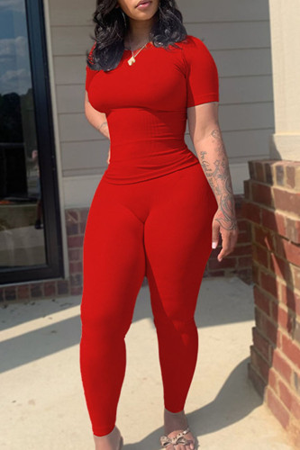 Red Sexy Solid Patchwork O Neck Short Sleeve Two Pieces
