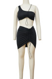 Black Sexy Solid Patchwork Draw String Asymmetrical One Shoulder Two Pieces