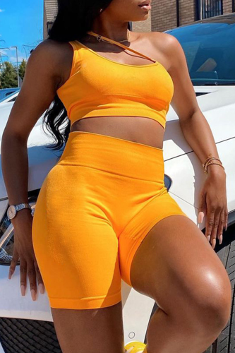 Yellow Sexy Solid Patchwork Spaghetti Strap Sleeveless Two Pieces