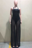 Black Sexy Solid Patchwork Mesh Halter Straight Jumpsuits