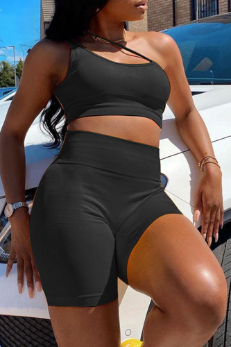 Black Sexy Solid Patchwork Spaghetti Strap Sleeveless Two Pieces