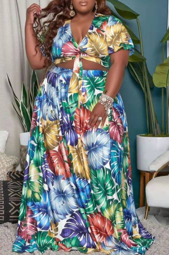 Blue Yellow Red Vacation Print Bandage Split Joint V Neck Pleated Plus Size Two Pieces