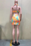 Orange Sexy Print Hollowed Out Halter Irregular Dress Dresses