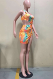 Oranje sexy print uitgeholde halter onregelmatige jurk jurken