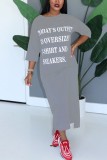 Grey Fashion Letter Print Versatile Round Neck Sleeves Dress