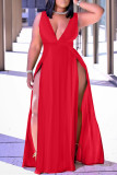 赤いファッションセクシーなソリッドヒョウスリットVネックベストドレス