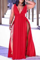 Red Fashion Sexy Solid Leopard Slit V Neck Vest Dress