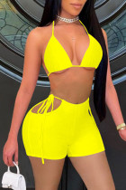 Yellow Sexy Solid Hollowed Out Patchwork Frenulum Swimwears