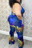 Blauwe sexy print patchwork backless V-hals plus size jumpsuits