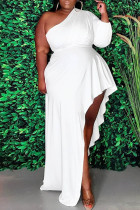 ホワイト ファッション カジュアル プラス サイズ ソリッド 非対称 オブリーク カラー ロング スリーブ ドレス