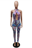 Roze mode sexy print backless halter skinny jumpsuits