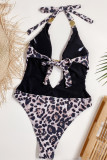 Trajes de banho pretos fashion sexy com estampa de leopardo vazado e sem costas