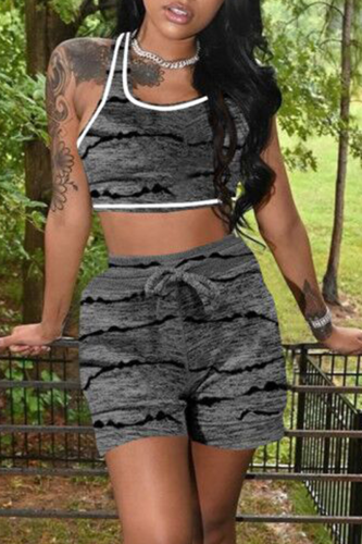 Dark Gray Casual Print U Neck Sleeveless Two Pieces
