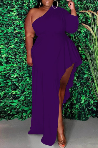 Purple Fashion Casual Plus Size Solid Asymmetrical Oblique Collar Long Sleeve Dresses