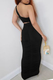Black Sexy Solid Hollowed Out Patchwork Fold One Shoulder Sleeveless Two Pieces