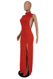 Rode mode sexy effen split half een coltrui mouwloze jurk