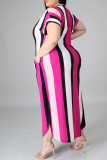 Brown Fashion Casual Plus Size Striped Print Slit V Neck Short Sleeve Dress