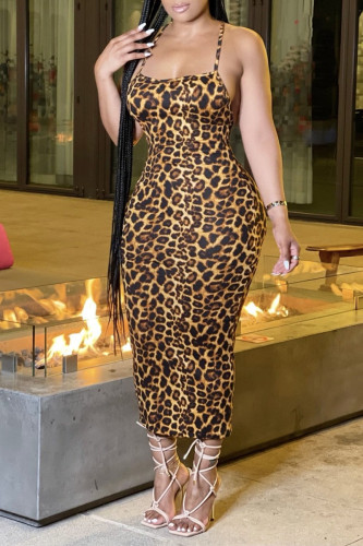 Yellow Fashion Sexy Print Leopard Backless Spaghetti Strap Sleeveless Dress