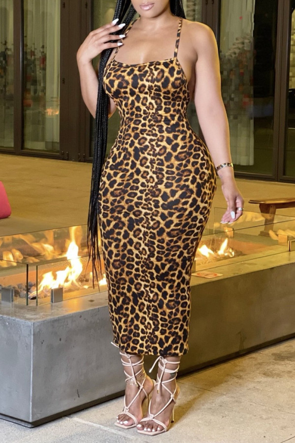 Gult mode sexigt tryck Leopard Backless Spaghetti Strap Ärmlös klänning