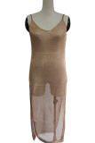 Серебряные сексуальные однотонные прозрачные сетчатые платья с U-образным вырезом и нерегулярными платьями