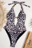 Black Fashion Sexy Print Leopard Hollowed Out Backless Swimwears