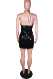 Black Fashion Sexy Solid Hollowed Out Backless Halter Sleeveless PU Dress