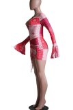 Розовые сексуальные платья-юбки-карандаши с V-образным вырезом и принтом в сеточку