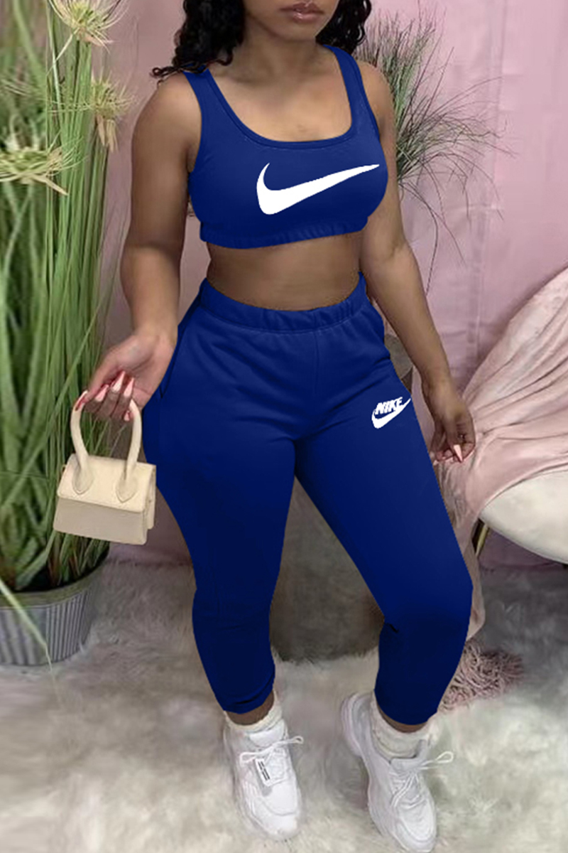 

Blue Casual Sportswear Print Vests Pants O Neck Sleeveless Two Pieces