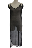 Серебряные сексуальные однотонные прозрачные сетчатые платья с U-образным вырезом и нерегулярными платьями
